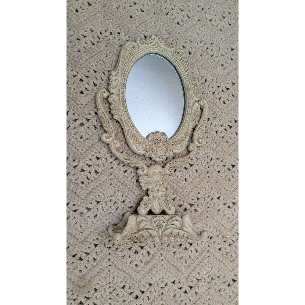 Vintage Ornate Cast Metal Swivel Vanity Mirror Distressed Cream Shabby Chic 13in